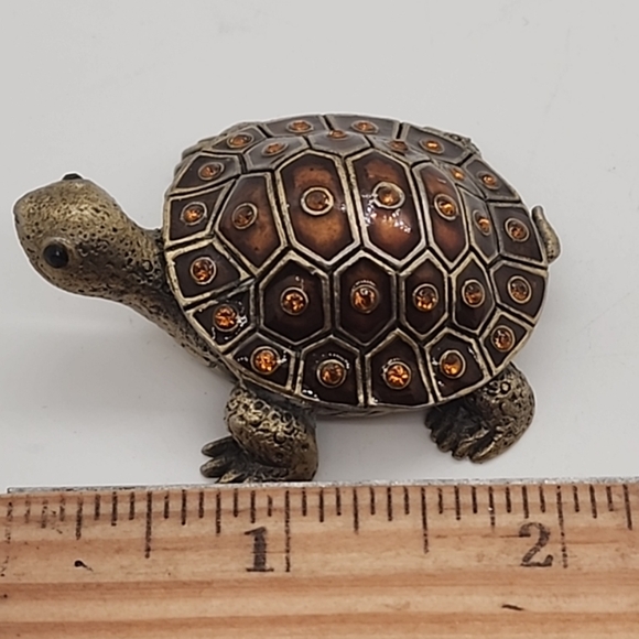 Turtle Enamel Topaz Rhinestone Brass Hinged Pill Trinket Box Vintage Tortoise - Picture 7 of 13